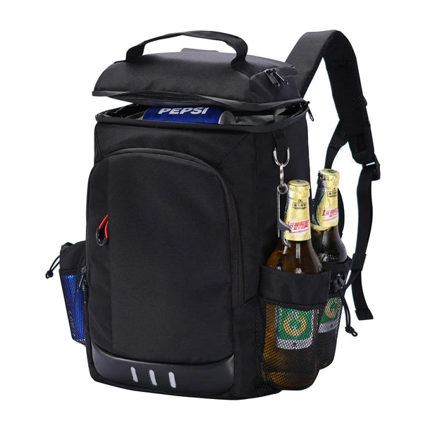 Black insulated picnic cooler backpack with bottle opener and storage pockets for drinks