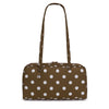 A brown nylon shoulder tote bag with white polka dots.