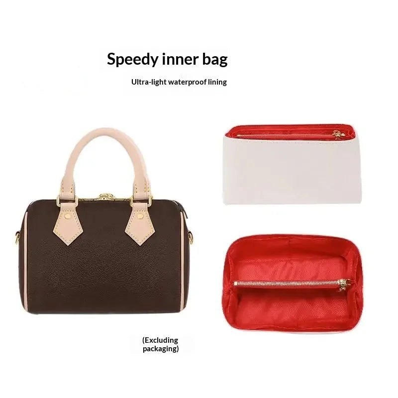 A brown leather inner bag with a beige shoulder strap and separate red lining visible.