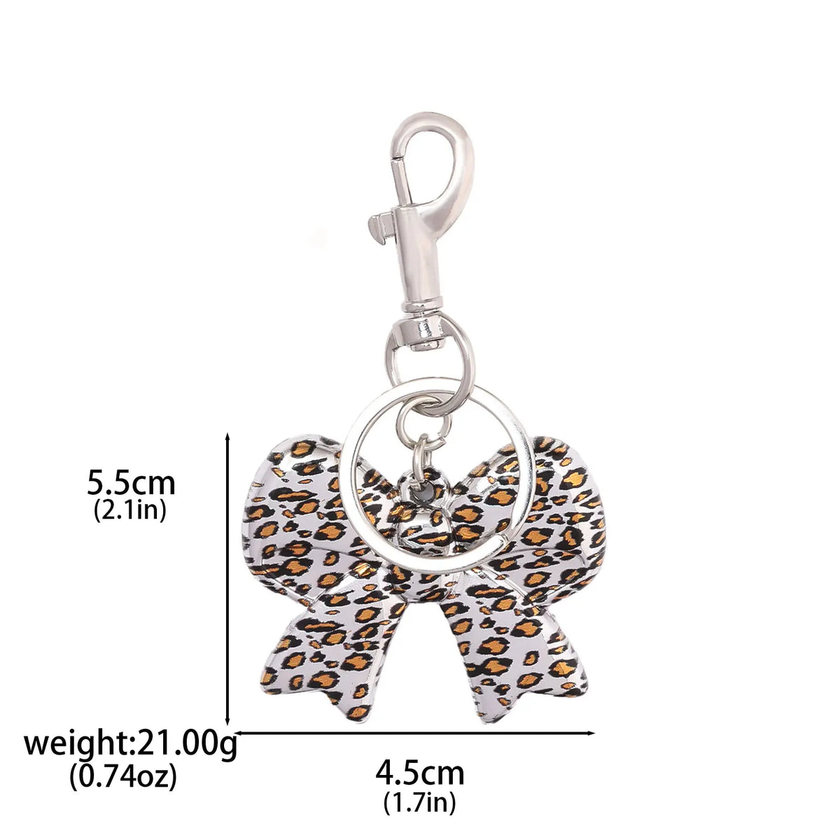 Silver keychain featuring a leopard print bow and heart charm.