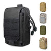 Black tactical MOLLE waist pack shown with various camouflage pouches.