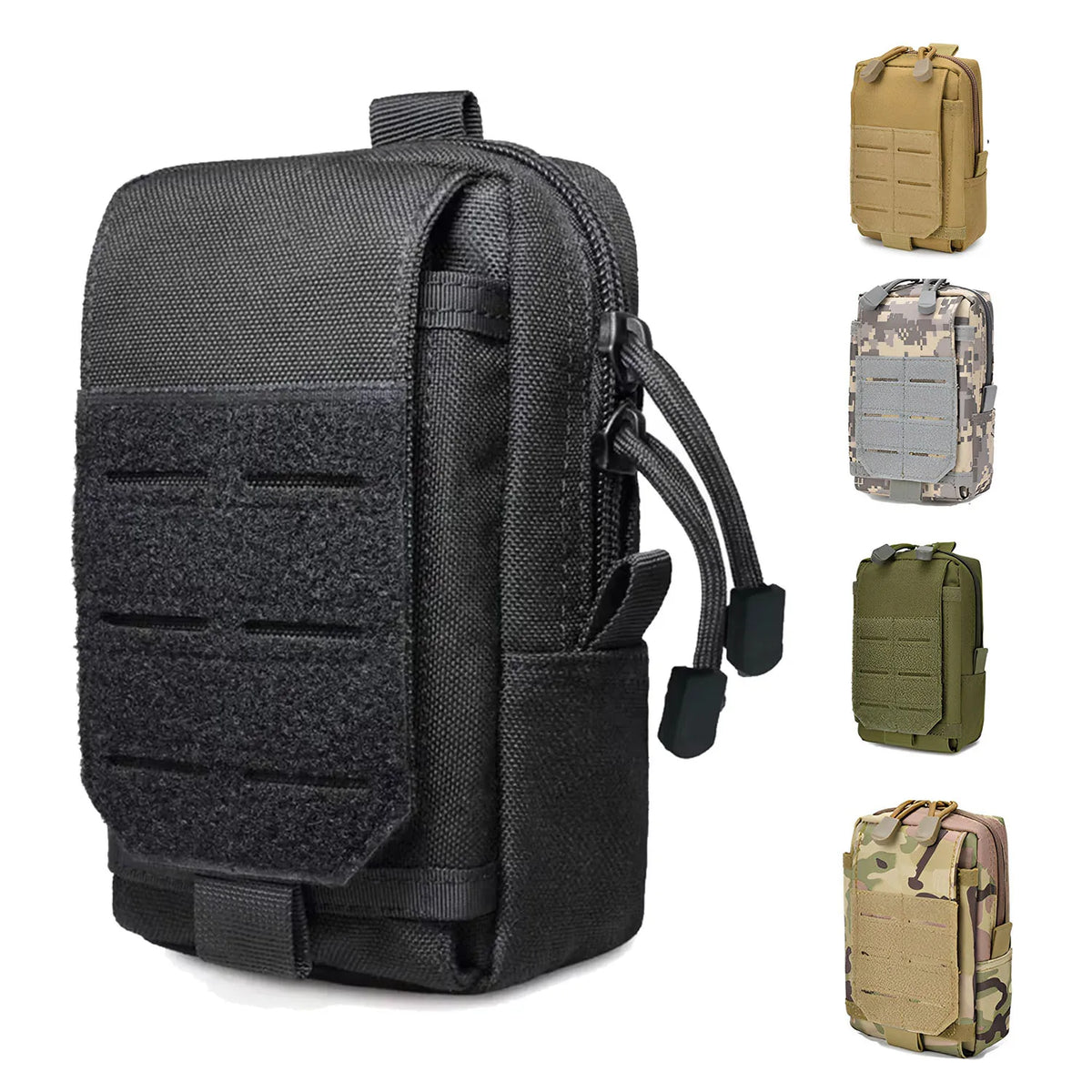 Black tactical MOLLE waist pack shown with various camouflage pouches.