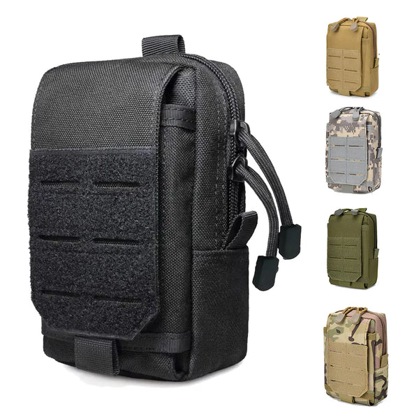 Black tactical MOLLE waist pack shown with various camouflage pouches.