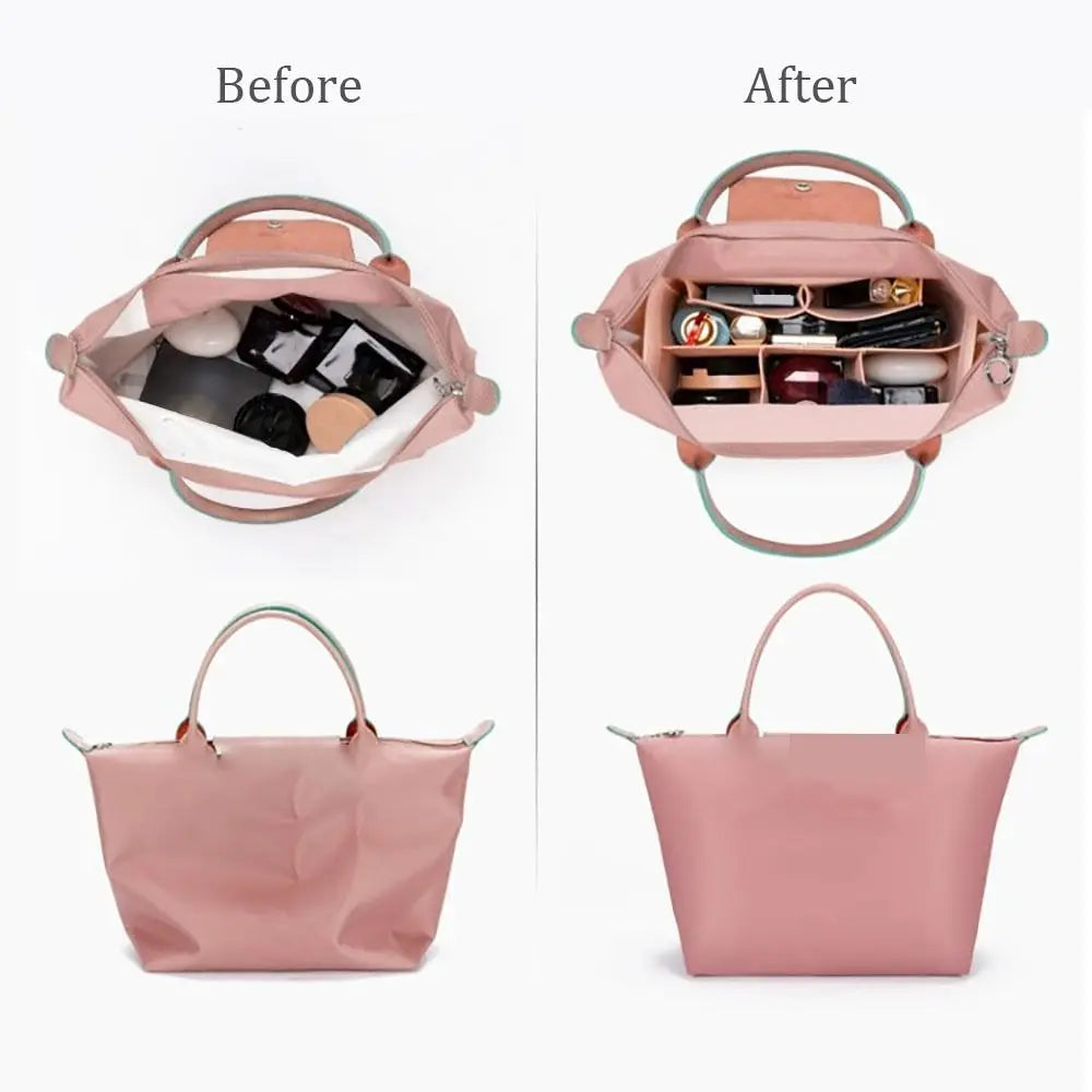 Before and after comparison of a dustproof felt insert liner for handbags shown in pink color