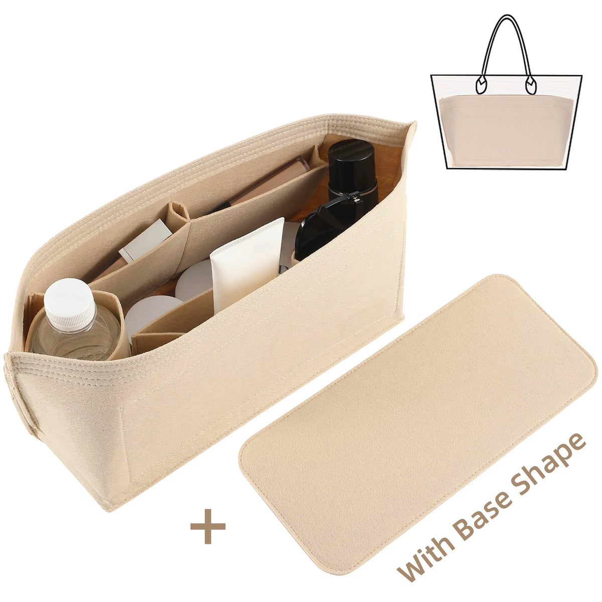A beige felt purse organizer insert set showing a rectangular pouch and a matching flat base.