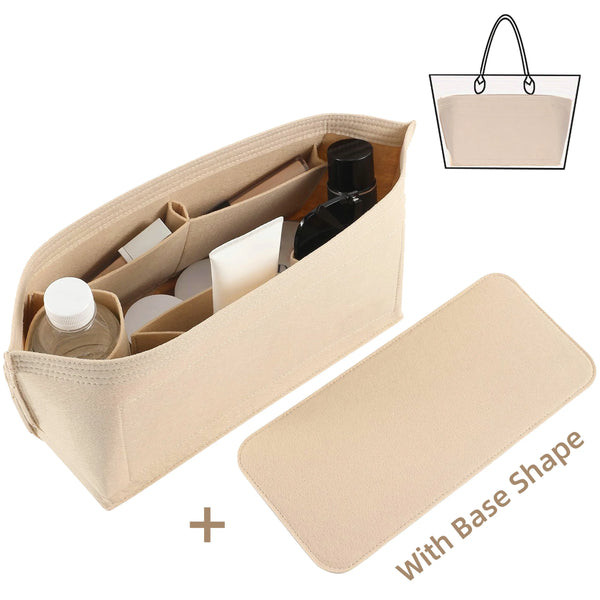 A beige felt purse organizer insert set showing a rectangular pouch and a matching flat base.
