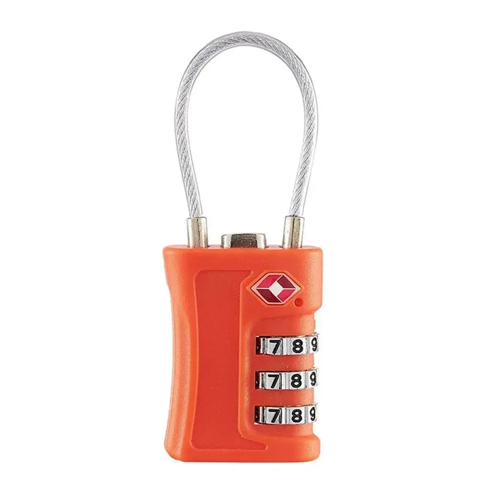 Orange combination lock with a silver loop and three numbered dials for luggage and cabinets