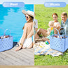 A collage showing people enjoying various activities like beach, pool, picnic, and shopping with mesh organizer inserts in bl