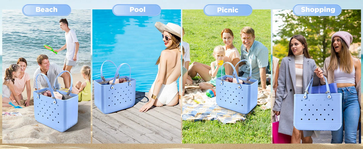 A collage showing people enjoying various activities like beach, pool, picnic, and shopping with mesh organizer inserts in bl