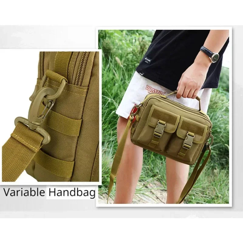 Olive green tactical fanny pack shown in detail and being worn by a person outdoors