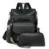 Black retro PU leather travel backpack featuring a tassel detail and multiple compartments.