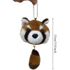 A plush toy of a red panda with brown and white fur, hanging from a chain.
