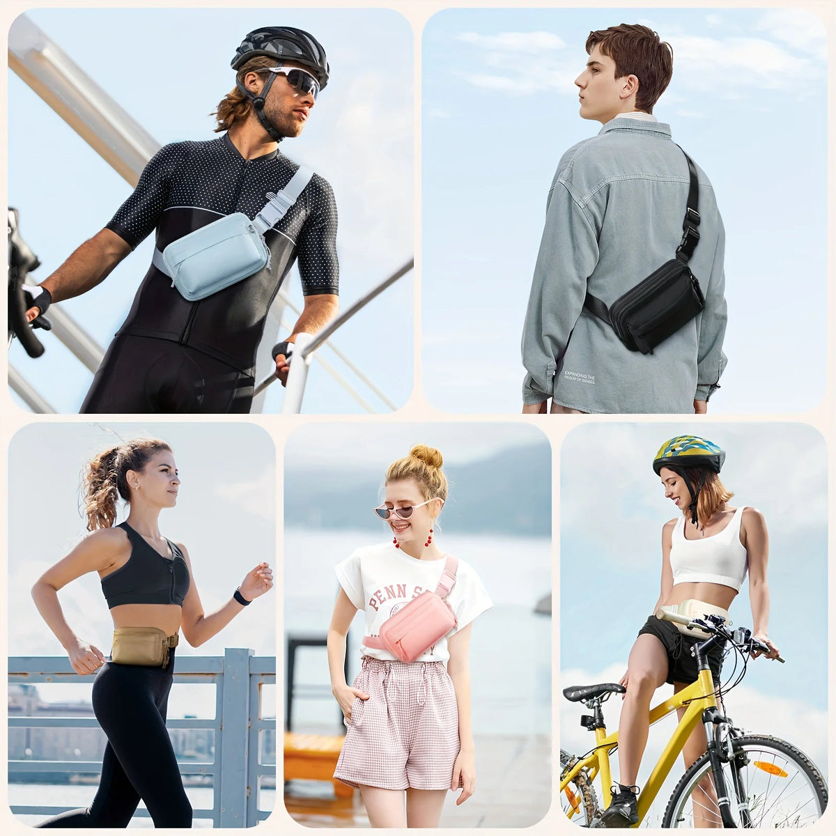A collage showing people using a waterproof crossbody waist bag for outdoor activities and daily use.