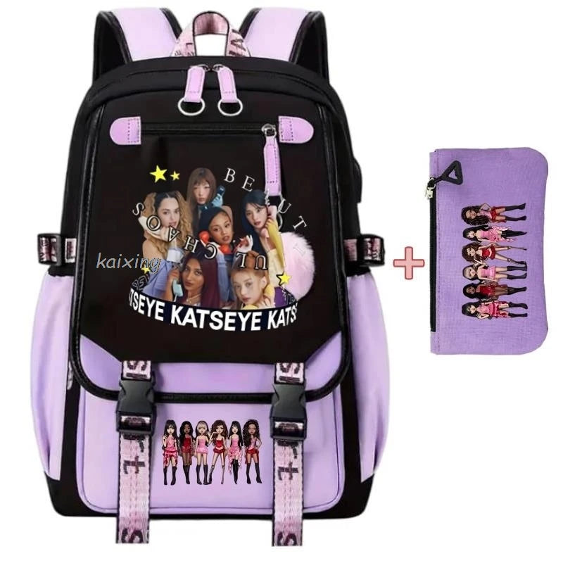 A purple and black canvas backpack featuring a funny print design with pink accents.