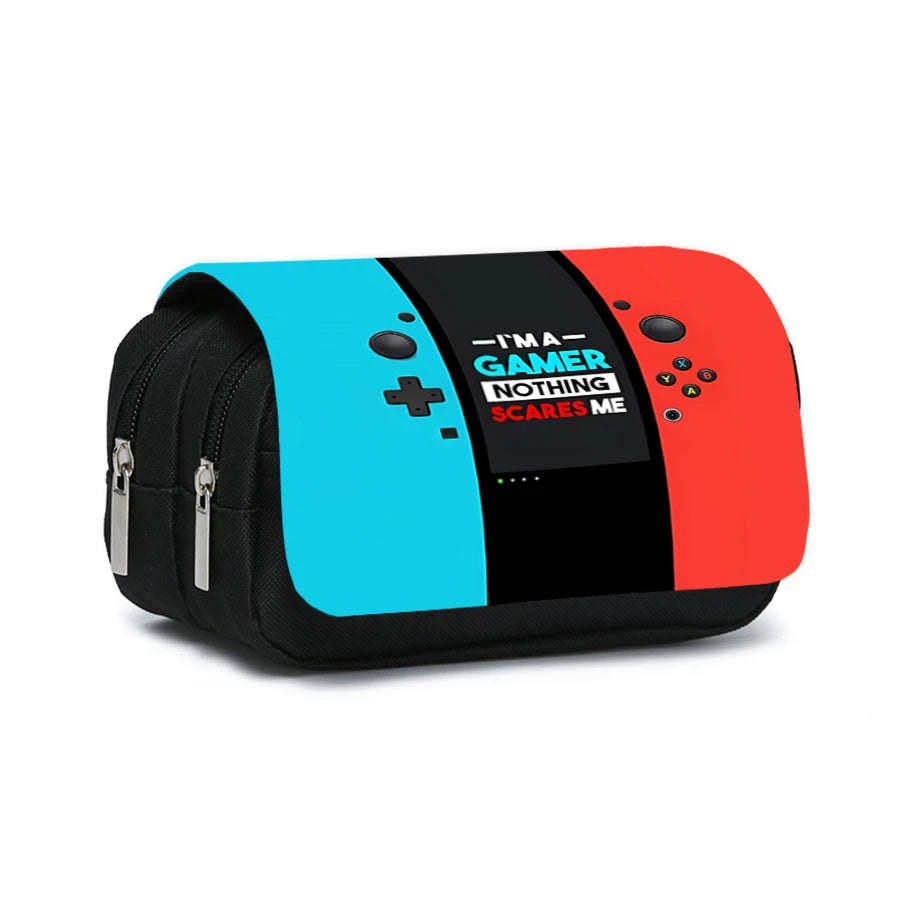 A black zippered flip pen case with a blue and red design featuring the text I'm a gamer nothing scares me