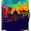 A modern suitcase with a colorful geometric pattern featuring the architecture of Rome.