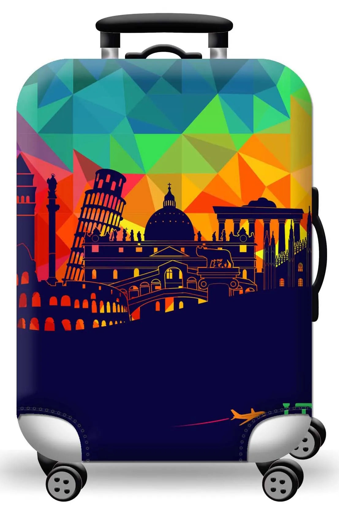 A modern suitcase with a colorful geometric pattern featuring the architecture of Rome.