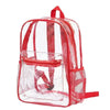 A transparent red PVC daypack with a mesh pocket and carrying straps.