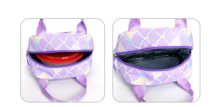 A purple patterned casual backpack with a zippered main compartment and shoulder straps.