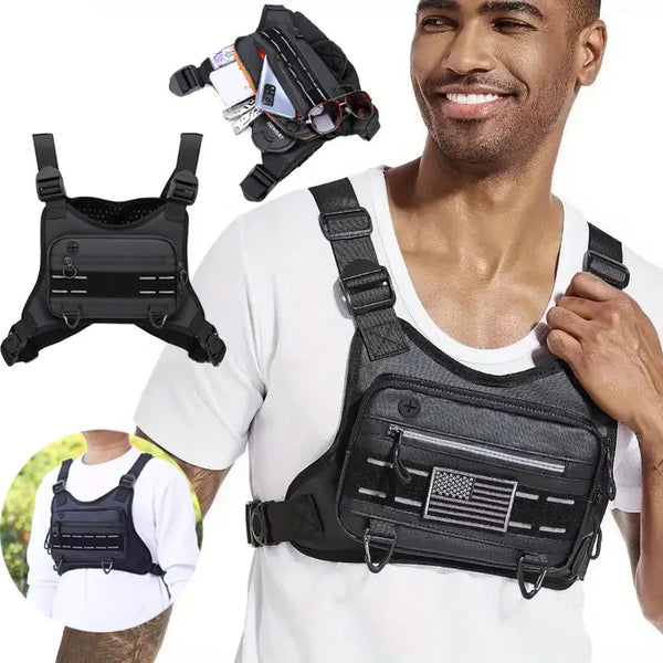 Mann trägt taktisches Brustgurt-Vest für Outdoor-Ausrüstung, gezeigt mit und ohne Zubehör.