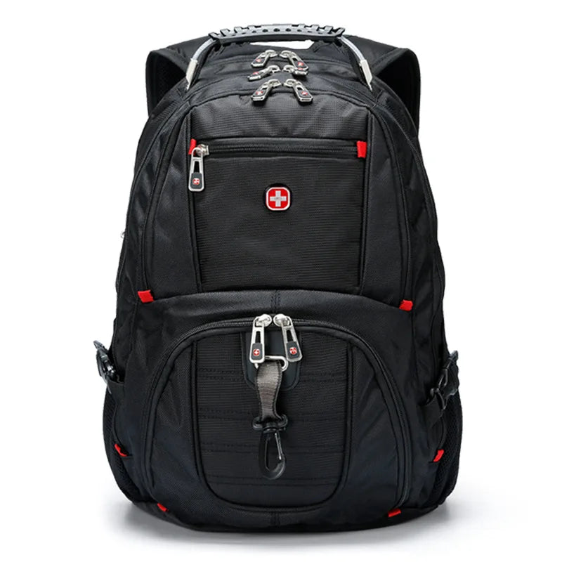 Mochila de viaje grande para hombre suizo negro con múltiples compartimentos y hebillas