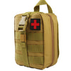 A tan waterproof tactical waist pack first aid kit bag with a red cross insignia.