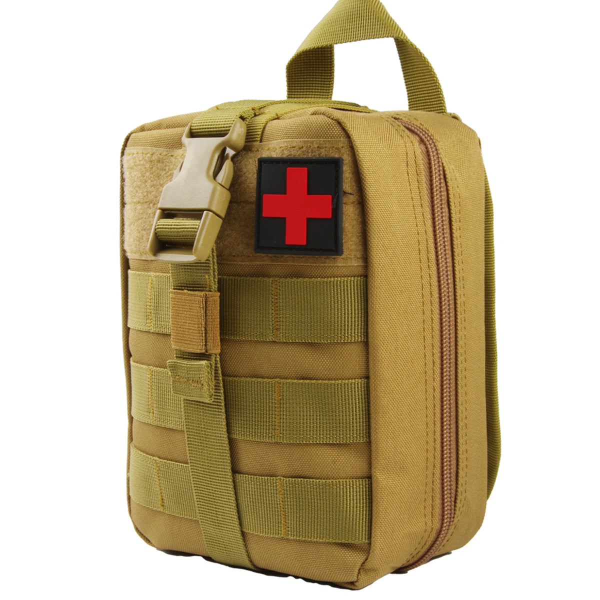 A tan waterproof tactical waist pack first aid kit bag with a red cross insignia.
