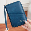 A red and blue RFID-blocking passport wallet with zipper closure is shown in various angles.