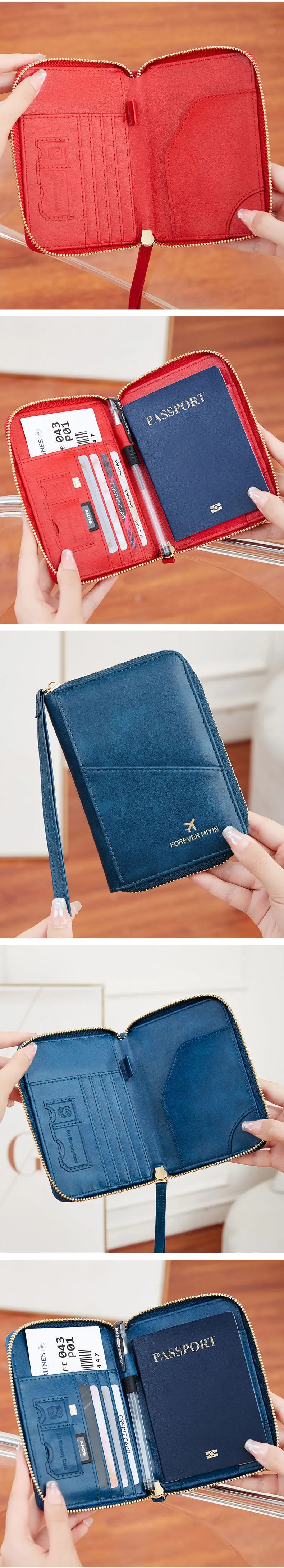 A red and blue RFID-blocking passport wallet with zipper closure is shown in various angles.