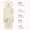Sac organisateur de maquillage portable beige affichant divers bijoux comme bracelets, colliers, boucles d'oreilles