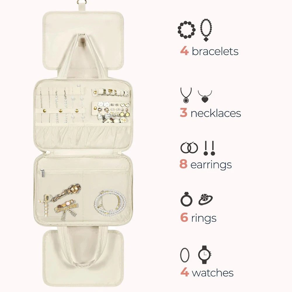 Sac organisateur de maquillage portable beige affichant divers bijoux comme bracelets, colliers, boucles d'oreilles