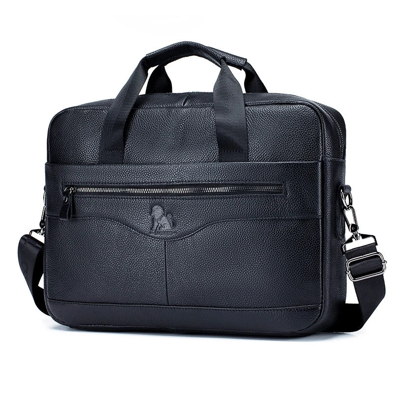 Black genuine cowhide leather briefcase bag with padded straps and a zippered compartment