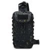 A black tactical multi-pocket sling bag with a camouflage pattern and adjustable straps.