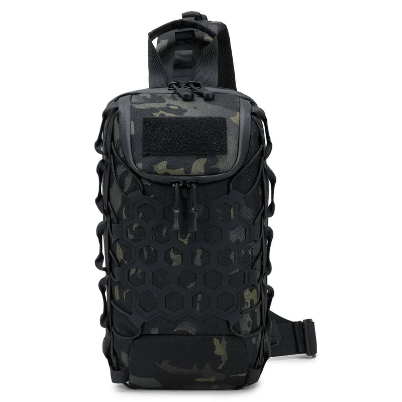 A black tactical multi-pocket sling bag with a camouflage pattern and adjustable straps.