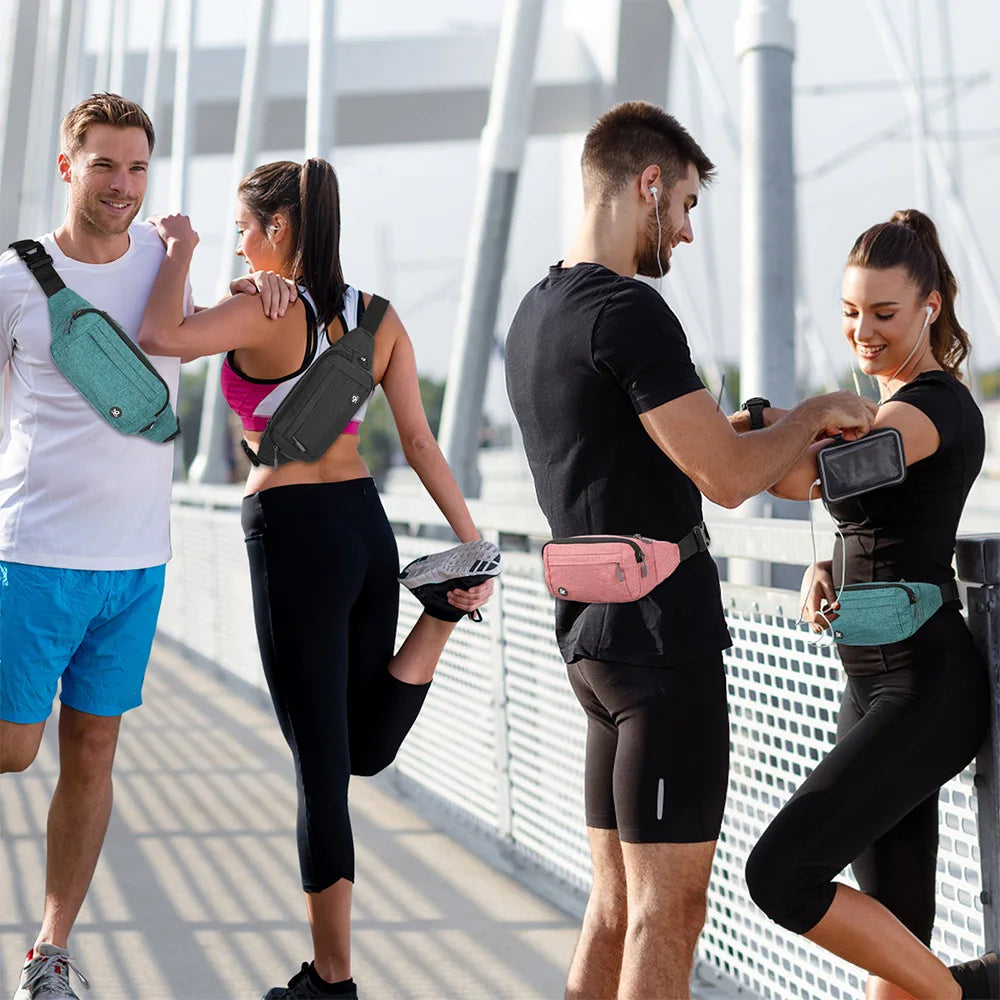 Four people exercising outdoors wearing various nylon waist packs and athletic clothing.