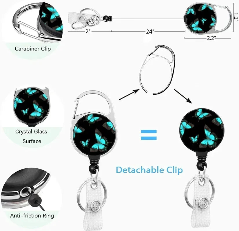 A set of retractable badge reels featuring a carabiner clip, crystal glass surface, and a detachable clip with an anti-fricti