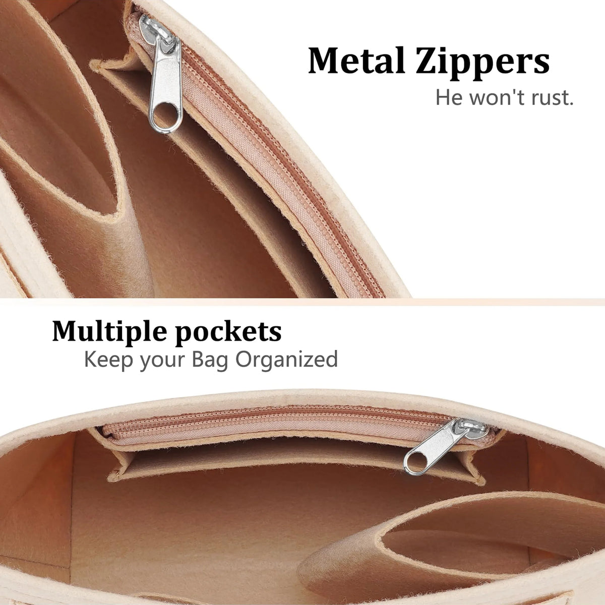 Close-up view of a tan felt insert bag for a handbag, showing metal zippers and multiple pockets.
