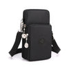 Black compact nylon crossbody phone bag with a silver chain and adjustable strap.