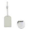 A rectangular, light beige PU leather luggage tag with a strap for attaching to a bag.