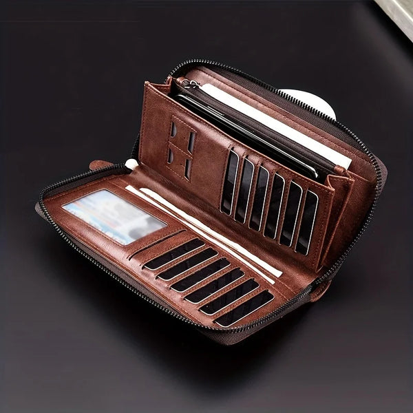 A brown PU leather zipper wallet is shown open, displaying multiple cards and a slot for cash.