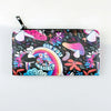 Pink patterned bifold wallet with a zipper and ID window