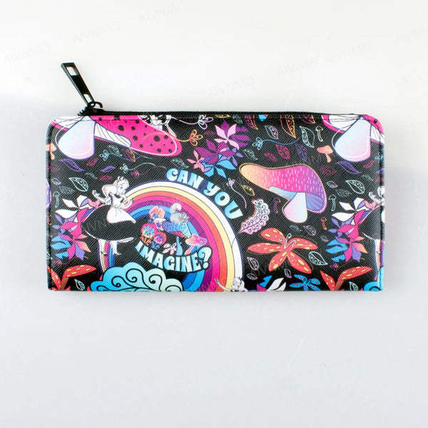 Pink patterned bifold wallet with a zipper and ID window