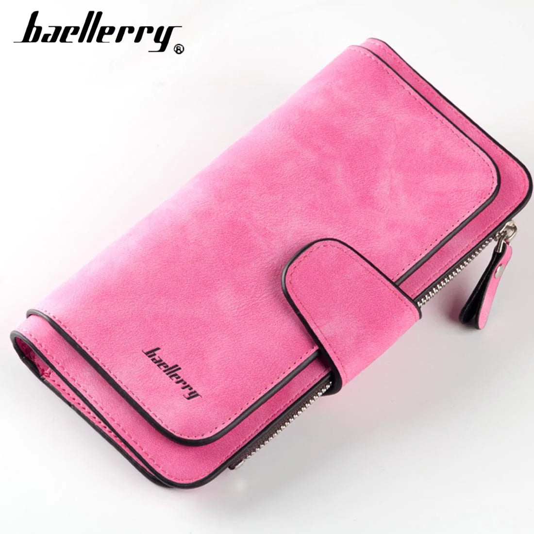 A pink velvet card holder wallet with a zipper closure and a black trim is shown on a white background.