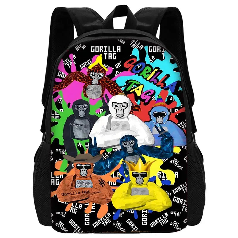 Sac à dos noir avec un graphisme coloré de tag de gorille.