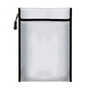 A clear, rectangular document bag with a black trim and a black drawstring closure.