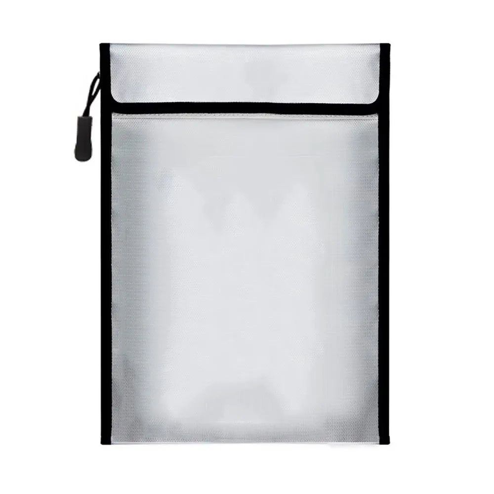 A clear, rectangular document bag with a black trim and a black drawstring closure.