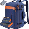 A navy blue expandable travel backpack with orange accents and multiple packing cubes visible.