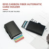 Black carbon fiber RFID automatic card holder with a stack of cards shown on a white background.