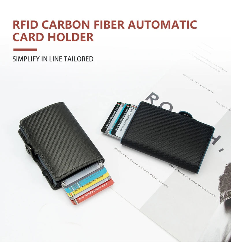 Black carbon fiber RFID automatic card holder with a stack of cards shown on a white background.