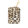 A small leopard print silicone PU leather key chain wristlet wallet with a gold-tone chain.